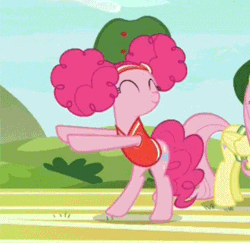 Size: 350x340 | Tagged: safe, screencap, fluttershy, pinkie pie, earth pony, pegasus, pony, buckball season, alternate hairstyle, animated, bipedal, clothes, cropped, cute, dancing, diapinkes, duo, eyes closed, gif, offscreen character, pinkie puffs, pinktails pie, smiling, solo focus