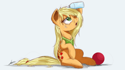 Size: 2000x1125 | Tagged: safe, artist:ncmares, applejack, earth pony, pony, buckball season, aftermath, ball, clothes, cute, female, loose hair, mare, newbie artist training grounds, one eye closed, open mouth, sitting, solo, water, water bottle, wet mane