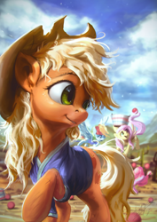 Size: 850x1200 | Tagged: safe, artist:assasinmonkey, applejack, fluttershy, pinkie pie, rainbow dash, earth pony, pegasus, pony, buckball season, ball, bucket, clothes, cowboy hat, cute, female, hat, jackabetes, looking back, mare, messy mane, raised hoof, shirt, stetson