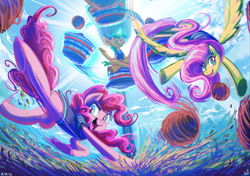 Size: 1193x842 | Tagged: safe, artist:jowyb, fluttershy, pinkie pie, snails, earth pony, pegasus, pony, unicorn, buckball season, bottomless, buckball, buckball uniform, bucking, clothes, color porn, cute, eyes closed, female, flying, kicking, levitation, magic, mare, open mouth, partial nudity, psychedelic, raised eyebrow, scene interpretation, smiling, sports, spread wings, team, telekinesis, uniform