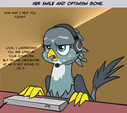 Size: 1218x1076 | Tagged: safe, artist:pencils, gabby, griffon, the fault in our cutie marks, annoyed, bad end, customer service, dialogue, female, headset, keyboard, lidded eyes, open mouth, solo, tech support, unamused