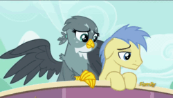 Size: 848x480 | Tagged: safe, screencap, gabby, goldengrape, sir colton vines iii, griffon, the fault in our cutie marks, animated, comforting, cute, gabbybetes, gif, happy, hug, looking down, looking up, sad, shipping fuel, smiling, winghug