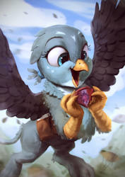 Size: 850x1200 | Tagged: safe, artist:assasinmonkey, gabby, griffon, the fault in our cutie marks, badge, bag, beak, cute, cutie mark crusaders patch, female, gabbybetes, happy, looking at something, open beak, open mouth, open smile, signature, smiling, solo, wings