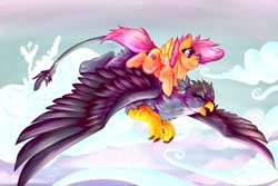 Size: 1092x731 | Tagged: safe, artist:sushimeep, gabby, scootaloo, griffon, pegasus, pony, the fault in our cutie marks, cute, cutealoo, cutie mark, duo, female, filly, flying, gabbybetes, ponies riding griffons, riding, scootalove, spread wings, the cmc's cutie marks, wings