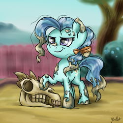 Size: 3024x3024 | Tagged: safe, artist:gaelledragons, petunia paleo, earth pony, pony, the fault in our cutie marks, bone, dirty, female, filly, fossil, messy mane, outdoors, sand, sandbox, signature, skull, smiling, smirk, solo, spiny back ponysaurus