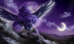 Size: 2700x1600 | Tagged: safe, artist:alina-sherl, princess luna, alicorn, pony, cloud, crepuscular rays, crescent moon, flying, moon, night, river, sky, solo, spread wings