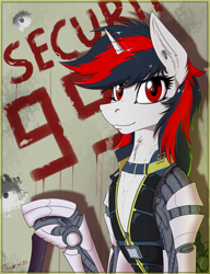 Size: 2000x2600 | Tagged: safe, artist:twotail813, oc, oc only, oc:blackjack, cyborg, pony, unicorn, fallout equestria, fallout equestria: project horizons, augmented, cyber legs, fanfic, fanfic art, female, hooves, horn, level 1 (project horizons), mare, rcf community, solo