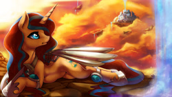 Size: 2400x1350 | Tagged: safe, artist:fidzfox, oc, oc only, oc:princess tempora, artificial wings, augmented, floating island, mechanical wing, sky, solo, wings