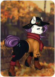 Size: 709x999 | Tagged: safe, artist:kira-minami, rarity, pony, unicorn, boots, clothes, cute, hat, looking back, pants, plot, raribetes, rear view, scarf, smiling, solo, tail bun