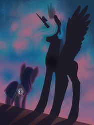 Size: 768x1024 | Tagged: safe, artist:dany-the-hell-fox, princess celestia, twilight sparkle, alicorn, pony, unicorn, duo, female, filly, silhouette, younger