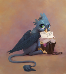 Size: 1280x1443 | Tagged: dead source, safe, artist:maggwai, gabby, griffon, the fault in our cutie marks, bag, cute, female, gabbybetes, letter, mouth hold, solo