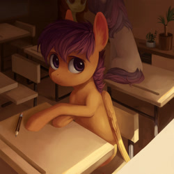 Size: 1600x1600 | Tagged: safe, artist:aphphphphp, apple bloom, scootaloo, sweetie belle, pegasus, pony, classroom, cutie mark crusaders, desk, female, filly, pencil, sitting, solo focus