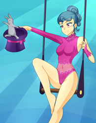 Size: 1500x1920 | Tagged: safe, artist:jonfawkes, trapeze star, human, rabbit, viva las pegasus, armpits, belly button, bernard rabbit, breasts, bunny out of the hat, busty trapeze star, cleavage, eyeshadow, female, hat, humanized, leotard, magic trick, makeup, raised leg, see-through, smiling, solo, thunder thighs, top hat