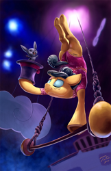 Size: 1200x1854 | Tagged: safe, artist:tsitra360, trapeze star, pony, rabbit, viva las pegasus, backbend, balancing, bernard rabbit, bunny out of the hat, clothes, eyes closed, eyeshadow, female, flexible, frog (hoof), hat, leotard, magic trick, makeup, mare, open mouth, performer, perspective, plot, scene interpretation, signature, solo, spotlight, swing, top hat, underhoof