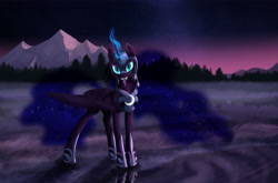 Size: 6807x4480 | Tagged: safe, artist:lunebat, nightmare moon, absurd resolution, armor, fangs, fog, forest, glowing horn, lake, long tongue, magic, mountain, solo, tongue out, twilight (astronomy), water