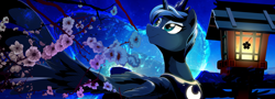 Size: 4000x1440 | Tagged: safe, artist:dormin-dim, princess luna, alicorn, pony, cherry blossoms, crown, eyeshadow, jewelry, lantern, looking up, makeup, necklace, regalia, smiling, solo, spread wings, widescreen