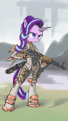 Size: 676x1200 | Tagged: safe, artist:satv12, starlight glimmer, pony, unicorn, ak, ak-47, assault rifle, gun, military, military uniform, pixiv, rifle, science fiction, solo, special forces, weapon