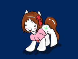 Size: 640x480 | Tagged: safe, artist:acharmingpony, earth pony, pony, 4chan, blue background, brown mane, brown tail, clothes, female, hair bow, mare, moot, ponified, shirt, simple background, smiling