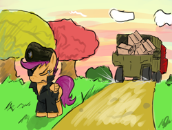 Size: 1024x768 | Tagged: safe, artist:acharmingpony, scootaloo, big boss, cigar, crying, truck