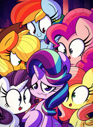 Size: 1600x2200 | Tagged: safe, artist:therandomjoyrider, applejack, fluttershy, pinkie pie, rainbow dash, rarity, starlight glimmer, earth pony, pegasus, pony, unicorn, every little thing she does, cowboy hat, fiducia compellia, hat, hypnosis, hypnotized, open mouth, stetson, wavy mouth