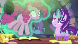 Size: 800x450 | Tagged: safe, screencap, pinkie pie, starlight glimmer, pony, every little thing she does, animated, gif, hypnosis, hypnotized, magic, telekinesis