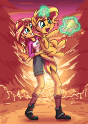 Size: 1542x2160 | Tagged: safe, artist:discorded, artist:pirill, sunset shimmer, pony, collaboration, equestria girls, legend of everfree, best pony, boots, camp everfree, cheek fluff, clothes, cute, holding a pony, human ponidox, leg fluff, levitation, magic, open mouth, self ponidox, shimmerbetes, shorts, socks, solo, sunset shimmer day, sunshine shimmer, telekinesis, trophy