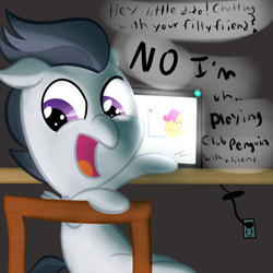 Size: 1100x1100 | Tagged: safe, artist:cosmonaut, derpibooru import, rumble, scootaloo, blatant lies, club penguin, computer, facehoof, female, male, rumbloo, shipping, straight