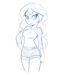 Size: 1280x1670 | Tagged: safe, artist:ambris, sunset shimmer, equestria girls, legend of everfree, camp everfree outfits, clothes, cute, female, hand on hip, monochrome, shimmerbetes, shorts, simple background, sketch, smiling, solo, thighs, white background