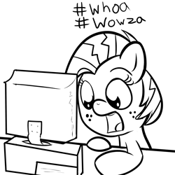 Size: 1100x1100 | Tagged: safe, artist:cosmonaut, derpibooru import, babs seed, computer, filly, hashtag