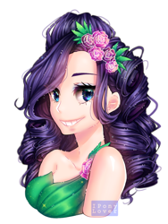 Size: 768x1024 | Tagged: safe, artist:iponylover, rarity, equestria girls, legend of everfree, bust, crystal gala dress, cute, eye clipping through hair, eyebrows visible through hair, hair accessory, human coloration, humanized, light skin, raribetes, smiling, solo