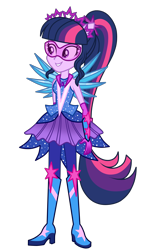 Size: 2000x3500 | Tagged: safe, artist:mixiepie, sci-twi, twilight sparkle, equestria girls, legend of everfree, boots, clothes, crystal guardian, crystal wings, geode of telekinesis, glasses, high heel boots, magical geodes, ponied up, ponytail, scitwilicorn, simple background, smiling, solo, sparkles, transparent background, vector, wings