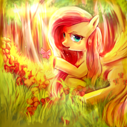 Size: 1100x1100 | Tagged: safe, artist:foresterrr, fluttershy, butterfly, pegasus, pony, flower, forest, prone, solo