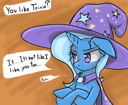 Size: 1280x1054 | Tagged: safe, artist:acharmingpony, trixie, pony, unicorn, baka, blushing, cape, clothes, crossed hooves, dialogue, doki doki, female, floppy ears, hat, mare, offscreen character, solo, third person, trixie's cape, trixie's hat, tsundere, tsunderixie