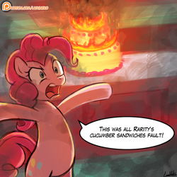 Size: 750x750 | Tagged: safe, artist:lumineko, pinkie pie, pony, ppov, bipedal, cake, dialogue, exclamation point, fire, food, implied rarity, open mouth, patreon, patreon logo, solo, speech bubble