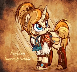 Size: 1199x1127 | Tagged: safe, artist:jadedjynx, oc, oc only, oc:servo sprocket, pony, unicorn, blank flank, boots, clothes, cute, ear piercing, earring, freckles, glasses, hair bun, jewelry, piercing, saddle bag, shirt, solo, steampunk, tail wrap, watch