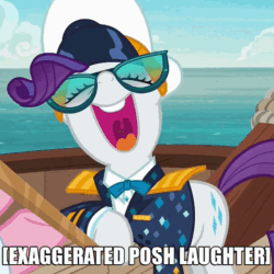 Size: 481x481 | Tagged: safe, screencap, pinkie pie, rarity, earth pony, pony, unicorn, ppov, animated, captain rarity, caption, descriptive noise, gif, laughing, meme, noblewoman's laugh, nose in the air, reaction image, text, wahaha