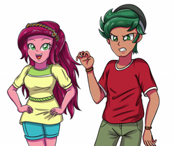 Size: 3507x2952 | Tagged: safe, artist:sumin6301, gloriosa daisy, timber spruce, equestria girls, legend of everfree, brother and sister, clothes, duo, flower, flower in hair, hand on hip, open mouth, shorts