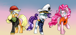 Size: 1880x860 | Tagged: safe, artist:bladedeehunter, applejack, pinkie pie, rarity, earth pony, pony, unicorn, ppov, captain jackbeard, captain rarity, lifejacket