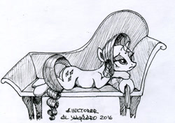 Size: 800x564 | Tagged: safe, artist:el-yeguero, rarity, pony, unicorn, ppov, fainting couch, monochrome, solo, traditional art