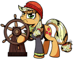 Size: 4122x3308 | Tagged: safe, artist:gray--day, applejack, earth pony, pony, ppov, absurd resolution, beanie, captain jackbeard, clothes, freckles, hat, hoof hold, solo, steering wheel