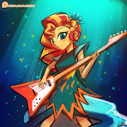 Size: 750x750 | Tagged: safe, artist:lumineko, sunset shimmer, equestria girls, legend of everfree, bad guitar anatomy, clothes, crystal gala, cute, dress, female, flying v, guitar, patreon, patreon logo, shimmerbetes, smiling, solo, speedpaint, sunset shredder