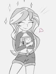 Size: 2500x3300 | Tagged: safe, artist:jabbie64, sunset shimmer, equestria girls, legend of everfree, adventure time, bmo, cartoon network, clothes, crossover, cute, eyes closed, happy, heart, hug, monochrome, shimmerbetes, shorts