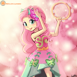 Size: 750x750 | Tagged: safe, artist:lumineko, fluttershy, equestria girls, legend of everfree, clothes, crystal gala, cute, dress, female, looking at you, musical instrument, open mouth, patreon, patreon logo, shyabetes, signature, skirt, solo, tambourine