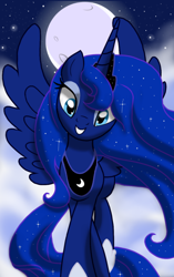 Size: 1200x1912 | Tagged: safe, artist:theroyalprincesses, princess luna, alicorn, pony, cloud, crossed hooves, full moon, looking at you, moon, night sky, solo, stars