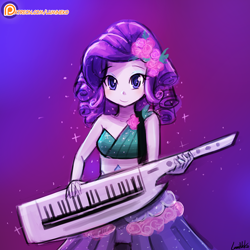 Size: 750x750 | Tagged: safe, artist:lumineko, rarity, equestria girls, legend of everfree, clothes, crystal gala, dress, female, keytar, looking at you, musical instrument, smiling, solo, speedpaint