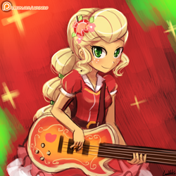 Size: 750x750 | Tagged: safe, artist:lumineko, applejack, equestria girls, legend of everfree, bass guitar, clothes, crystal gala, cute, dress, female, freckles, jackabetes, musical instrument, patreon, patreon logo, playing, signature, smiling, solo