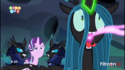 Size: 854x480 | Tagged: safe, edit, edited screencap, screencap, queen chrysalis, starlight glimmer, changeling, changeling queen, pony, unicorn, to where and back again, animated, changeling feeding, changeling guard, feeding, female, gif, open mouth, tiny pop