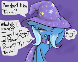 Size: 1280x1024 | Tagged: safe, artist:acharmingpony, trixie, pony, unicorn, bad end, cape, clothes, crying, dialogue, floppy ears, great and powerful, hat, sad, simple background, sniffling, solo, third person, thought bubble, trixie's cape, trixie's hat, tsundere, tsunderixie