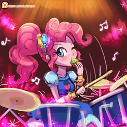 Size: 750x750 | Tagged: safe, artist:lumineko, pinkie pie, equestria girls, legend of everfree, alternate hairstyle, blushing, clothes, crystal gala, crystal gala dress, cute, dessert, diapinkes, dress, drum kit, drums, drumsticks, eating, female, muffin, music notes, musical instrument, playing, solo, speedpaint, wink