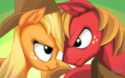 Size: 2560x1600 | Tagged: safe, artist:mysticalpha, applejack, big macintosh, earth pony, pony, where the apple lies, duo, female, looking at each other, male, mare, stallion